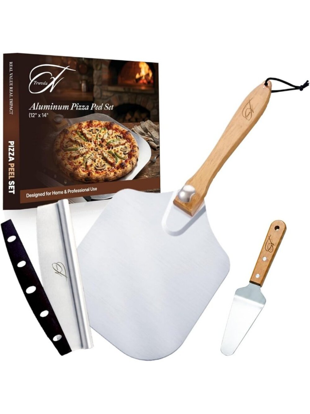 3-Piece Pizza Peel Set - Metal Paddle, Wooden Handle, Rocker Cutter & Spatula